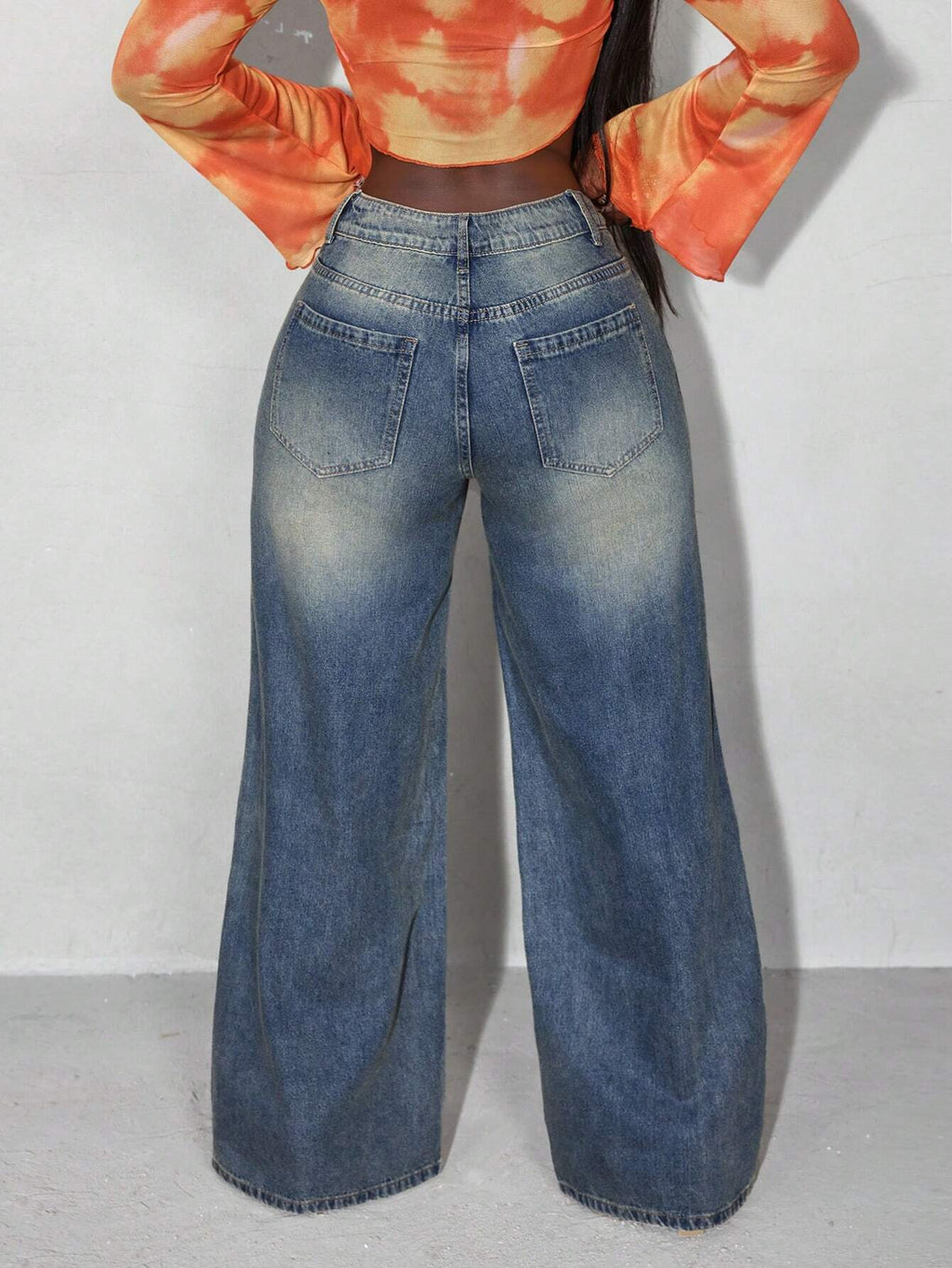 Slaydiva Women Asymmetric Waist Patch Pocket Loose Flared Leg Casual Denim Jeans