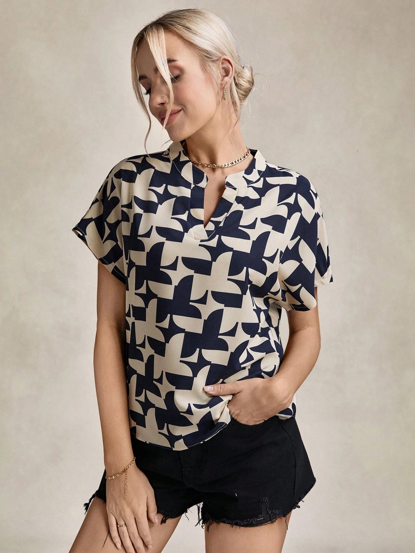 LUNE Women'S Short Sleeve Stand Collar Teacher Work Shirt, Summer