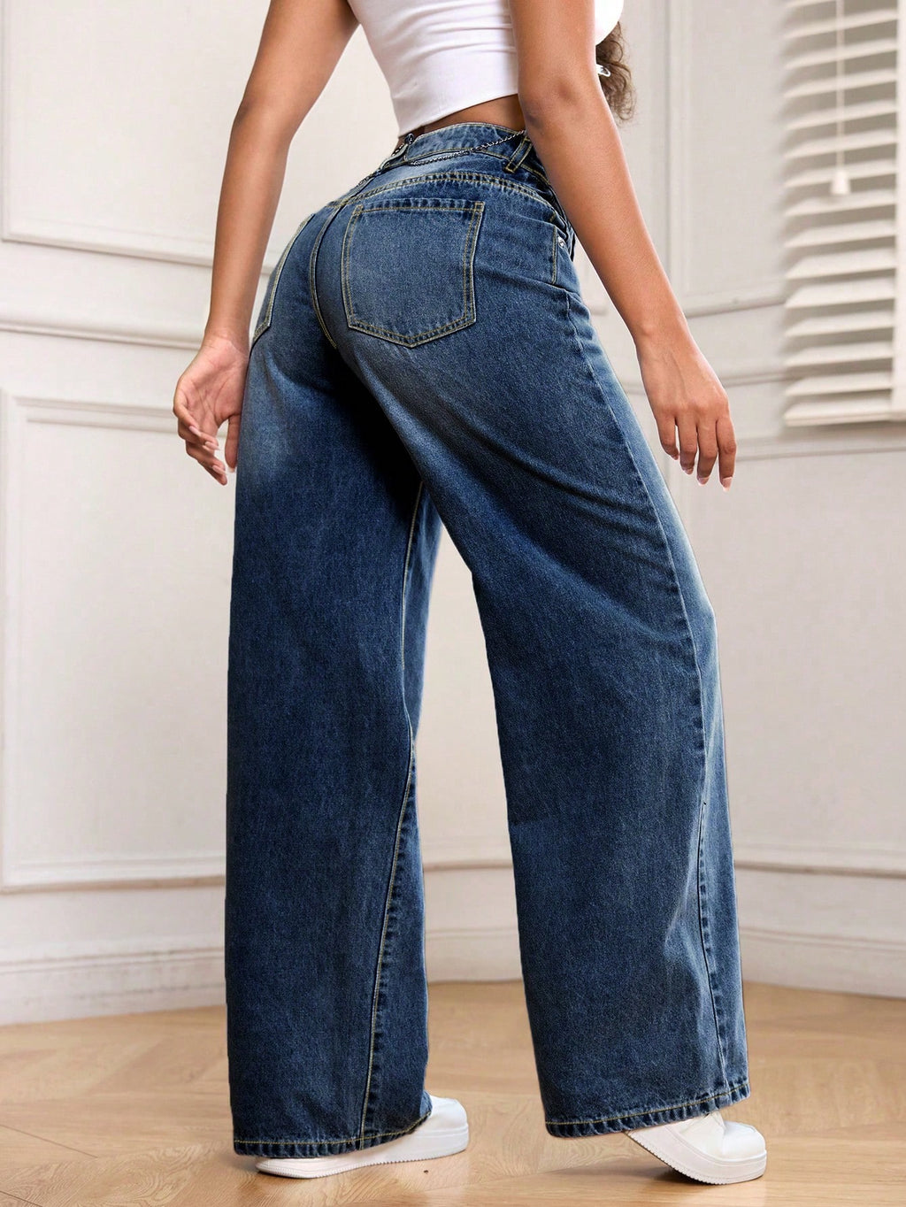 SHEIN PETITE Women'S Pocket Loose Wide Leg Casual Versatile Denim Jeans