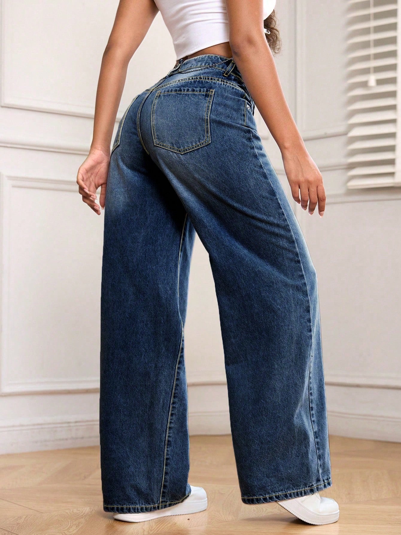 SHEIN PETITE Women'S Pocket Loose Wide Leg Casual Versatile Denim Jeans