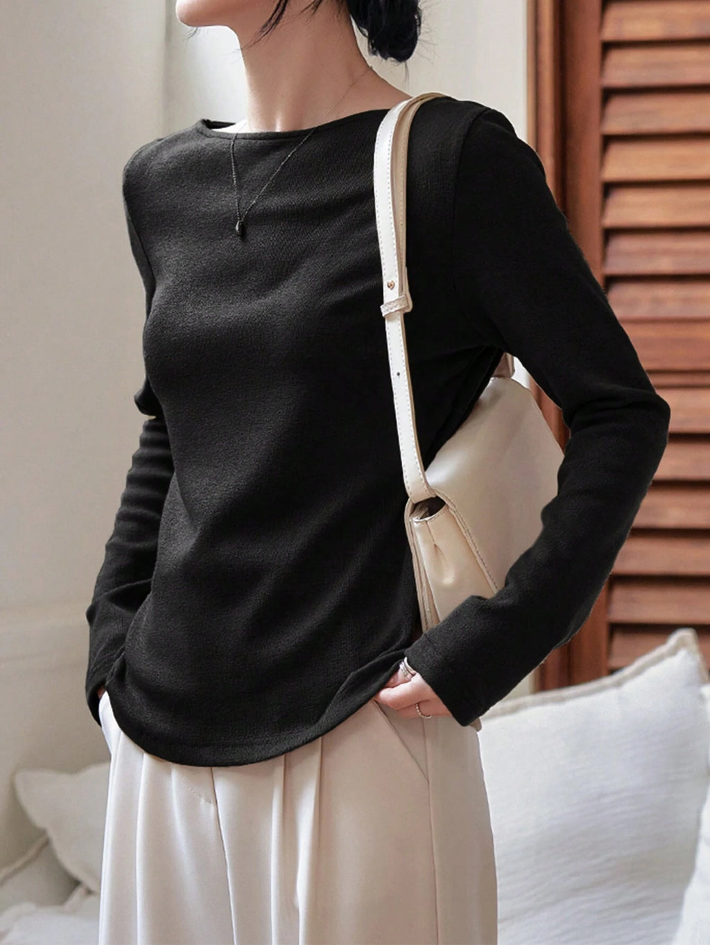 Dazy-Less Solid Boat Neck Tee Long Sleeve Women Tops Business Casual Woman Work Clothes