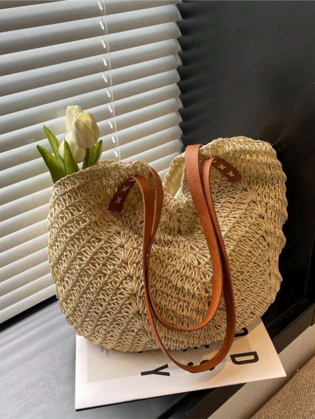 Lightweight, Casual Large Capacity, Portable Minimalist Straw Bag Double Handle Vacation Medium for Teen Girls Women College Students Perfect for College School,Outdoors, Travel, Outings,Holiday