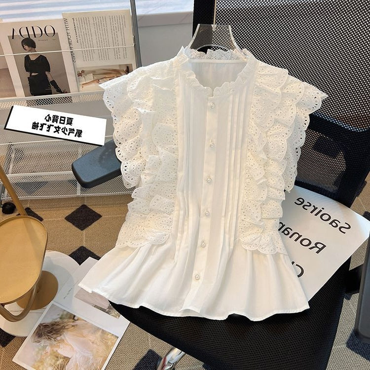 Off-Shoulder Niche Defined-Waist Elegant Lace Top Short Blouse