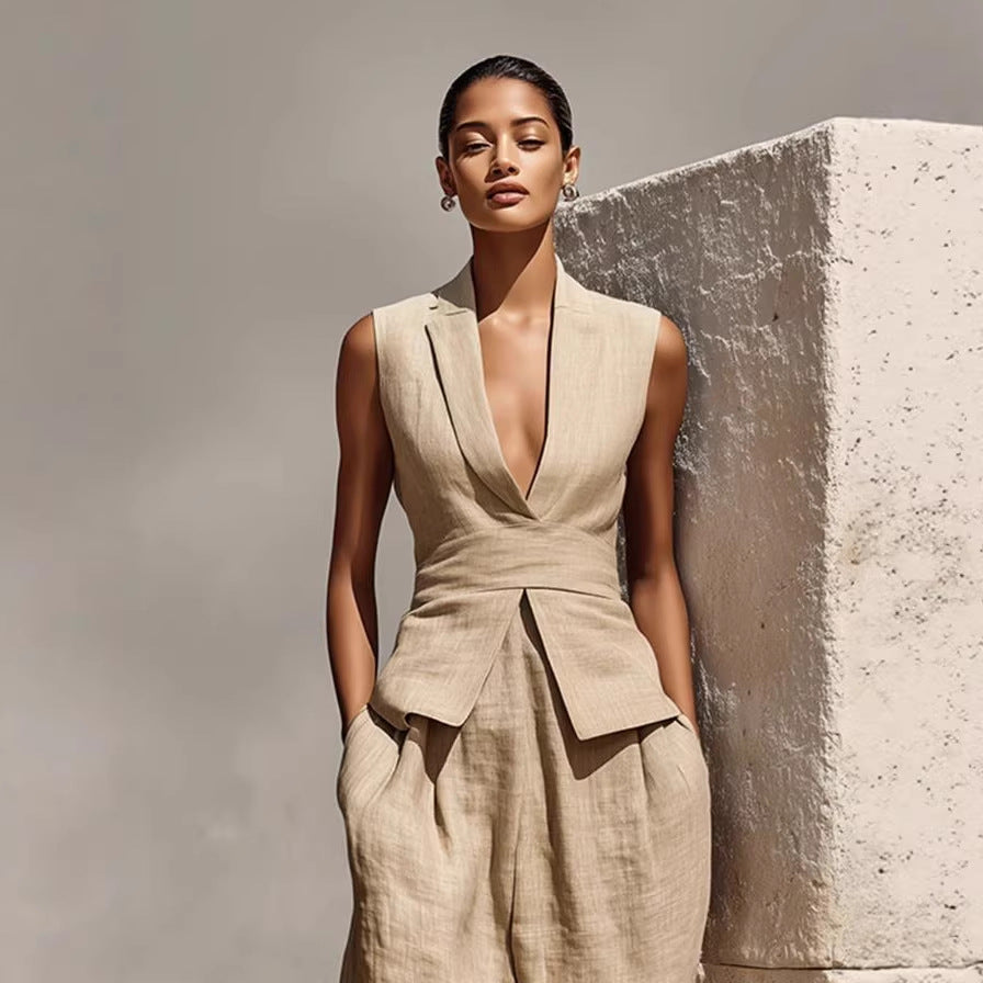 V-neck Sleeveless Tank Top And Casual Long Pants Set For Women