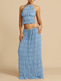 Resort-Style Halterneck Pleated Cami Top & Midi Skirt Two-Piece Set For Women