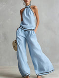 Womens Striped Patchwork Halterneck Sleeveless Wide-Leg Pants Set
