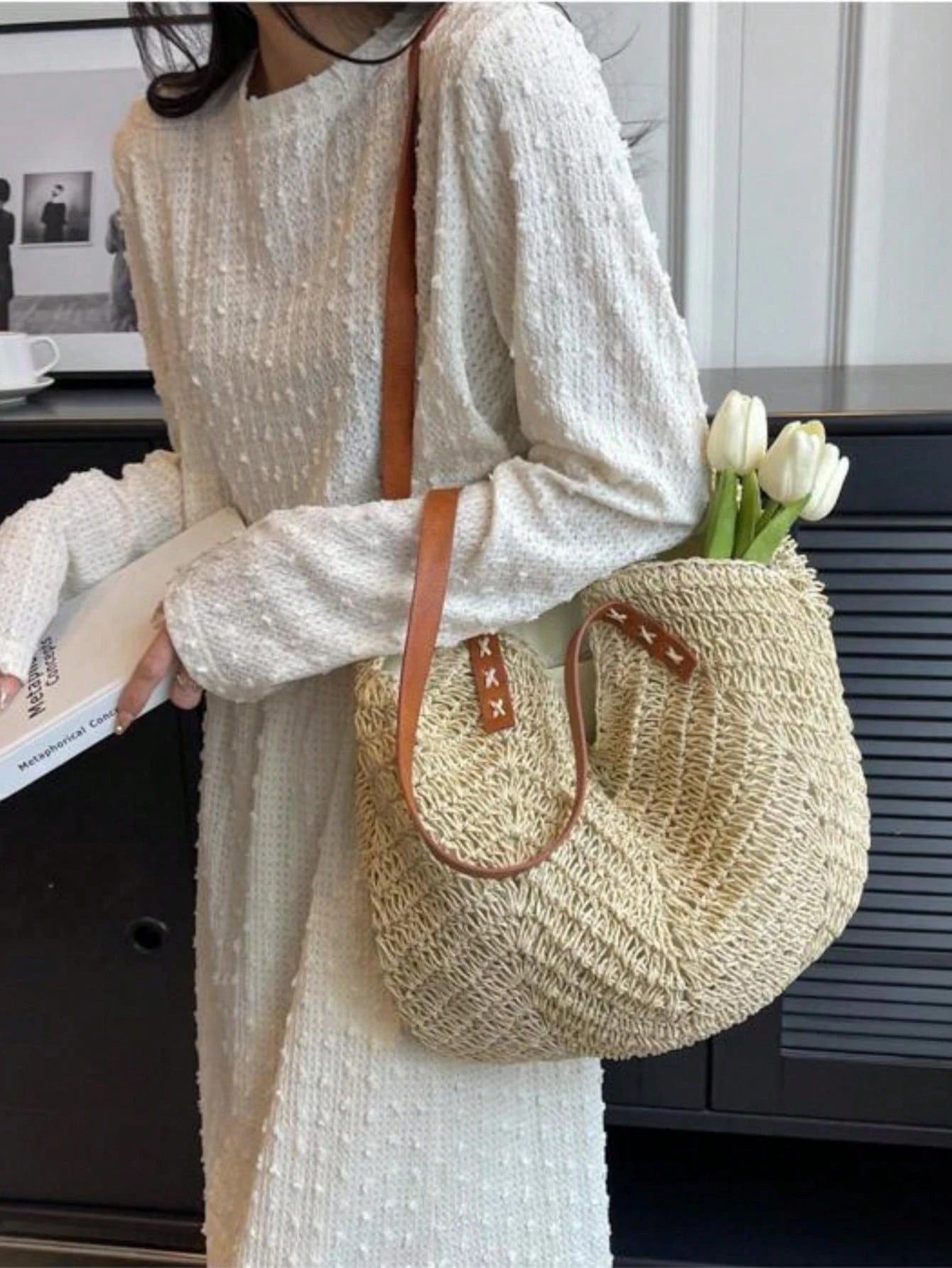 Lightweight, Casual Large Capacity, Portable Minimalist Straw Bag Double Handle Vacation Medium for Teen Girls Women College Students Perfect for College School,Outdoors, Travel, Outings,Holiday