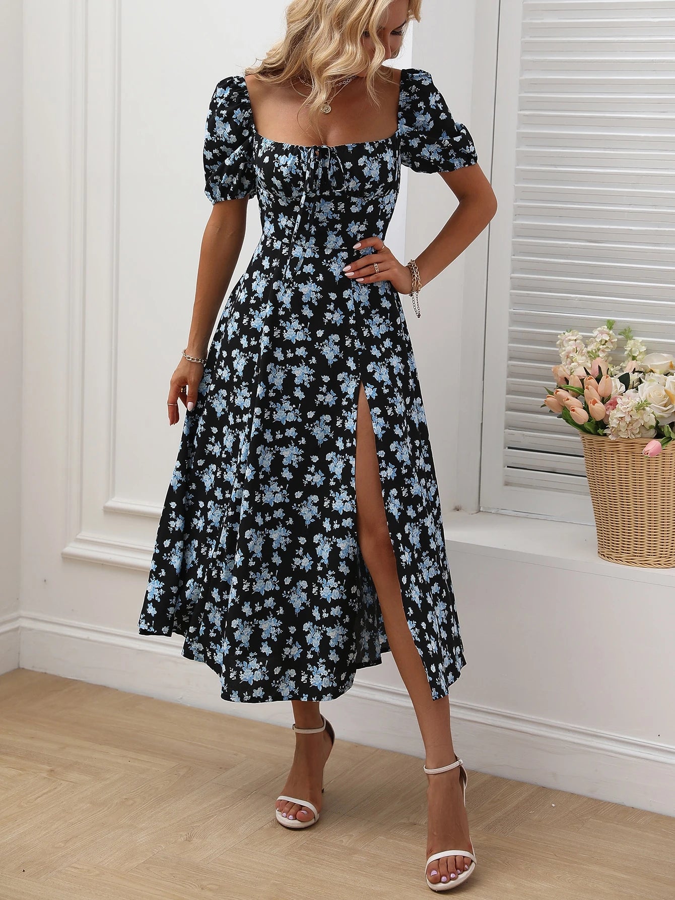 SHEIN LUNE Allover Floral Knot Split Thigh A-Line Dress Maxi Women Outfit