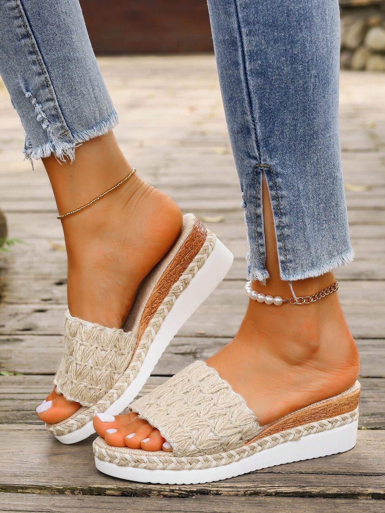 2024 New Style Women Apricot Woven Rope Wedge Platform Sandals with Ankle Strap