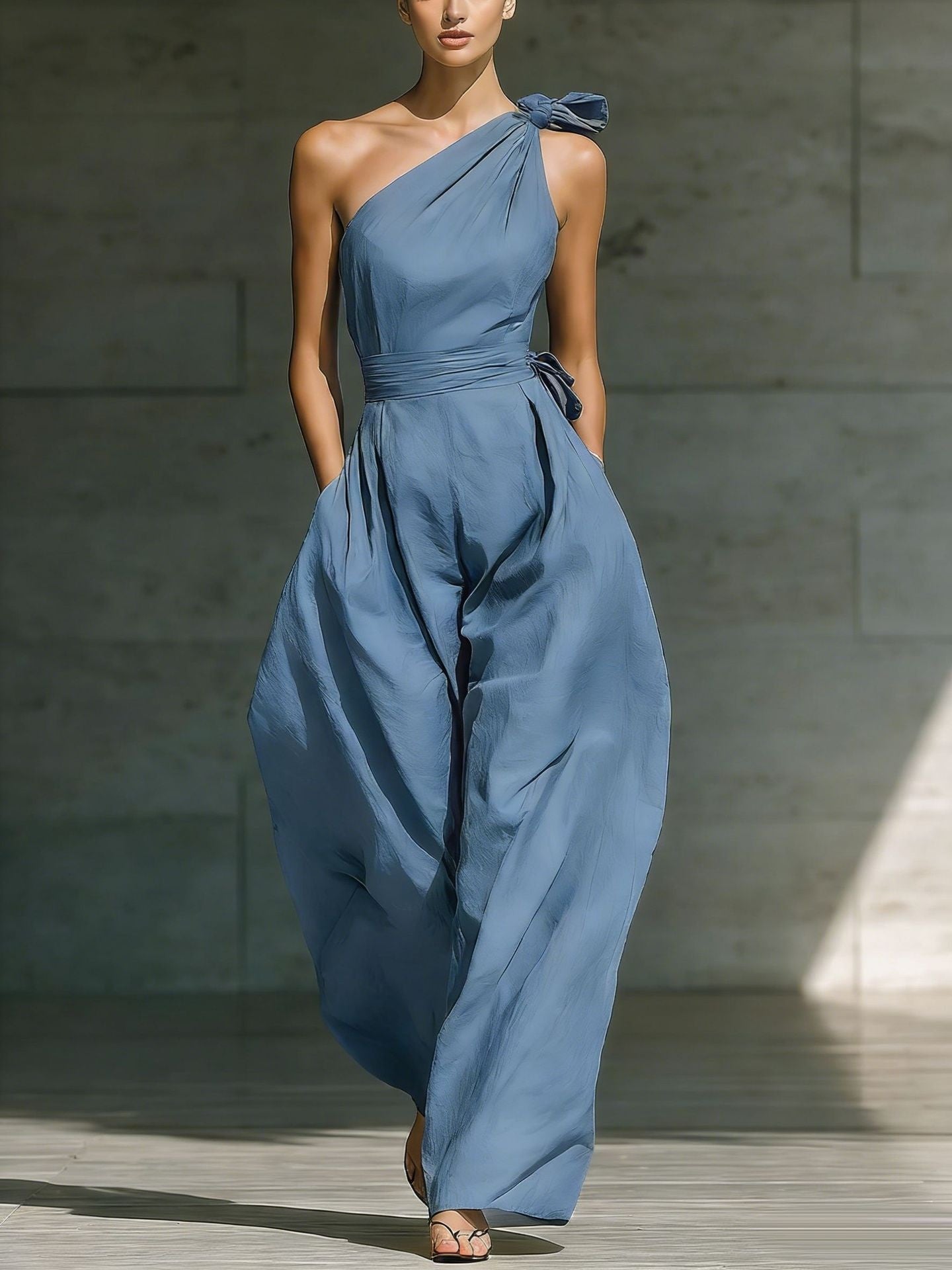 Loose-fitting Sleeveless Off-shoulder Belted Jumpsuit