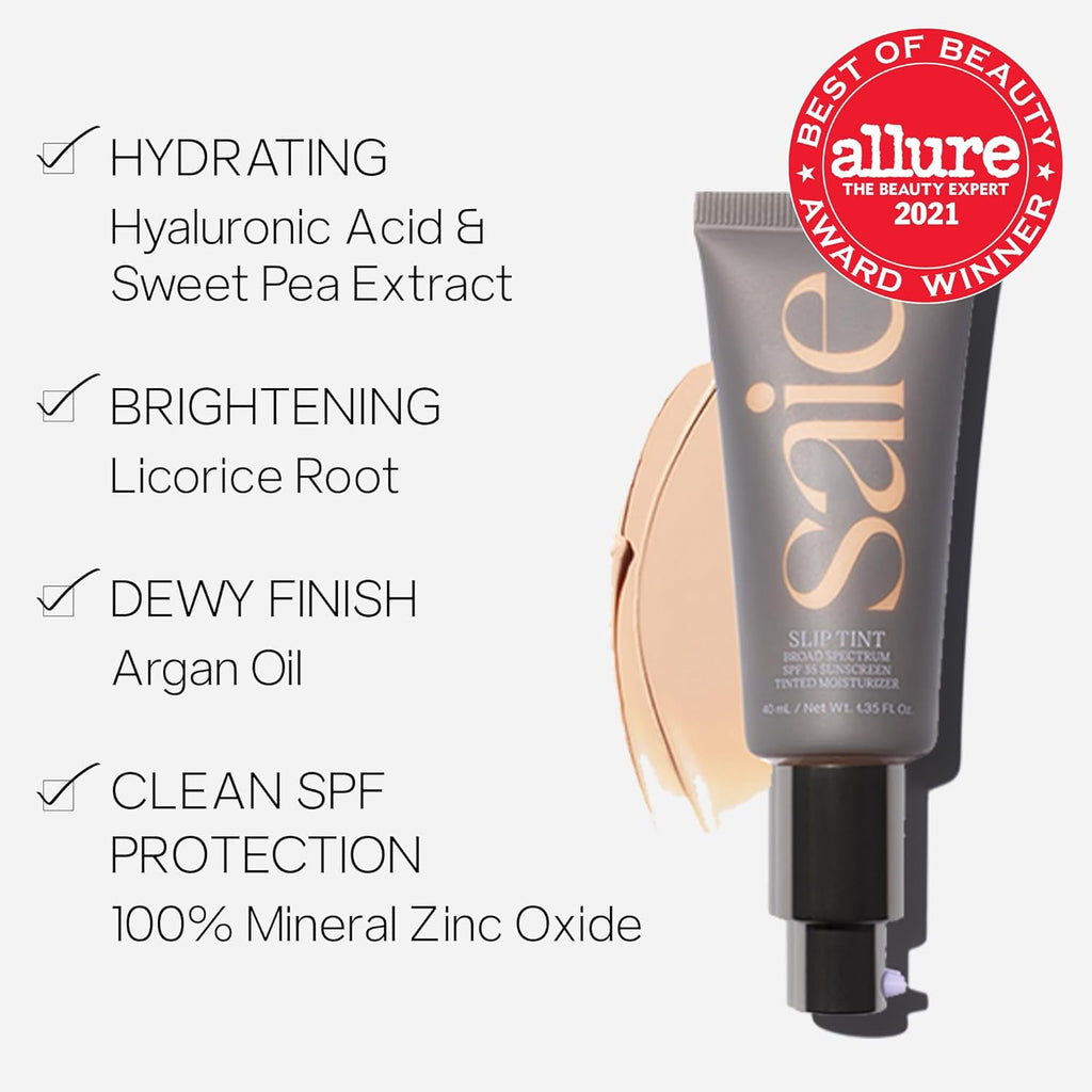 Slip Tint Tinted Moisturizer with SPF 35 - Light Coverage, Glowy Skin Tint & Mineral Sunscreen for Face with Hydrating Hyaluronic Acid - Summer Makeup Essential - Shade Three + Half (1.35 Oz)