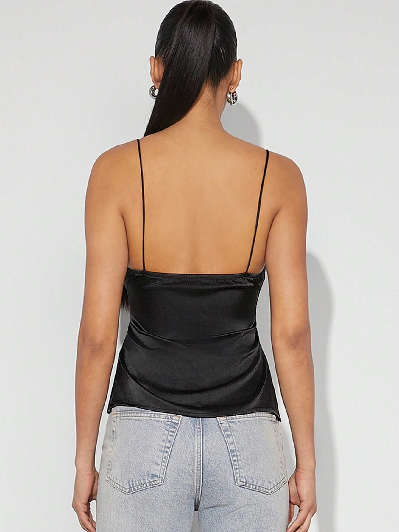 Denimoi Women'S Fall Black Deep V-Neck Tie Front Asymmetric Satin Cami Top, Sexy Going Out Top, Party Tank Top, Country Concert Outfit, Rave Festival Outfit, Clubwear