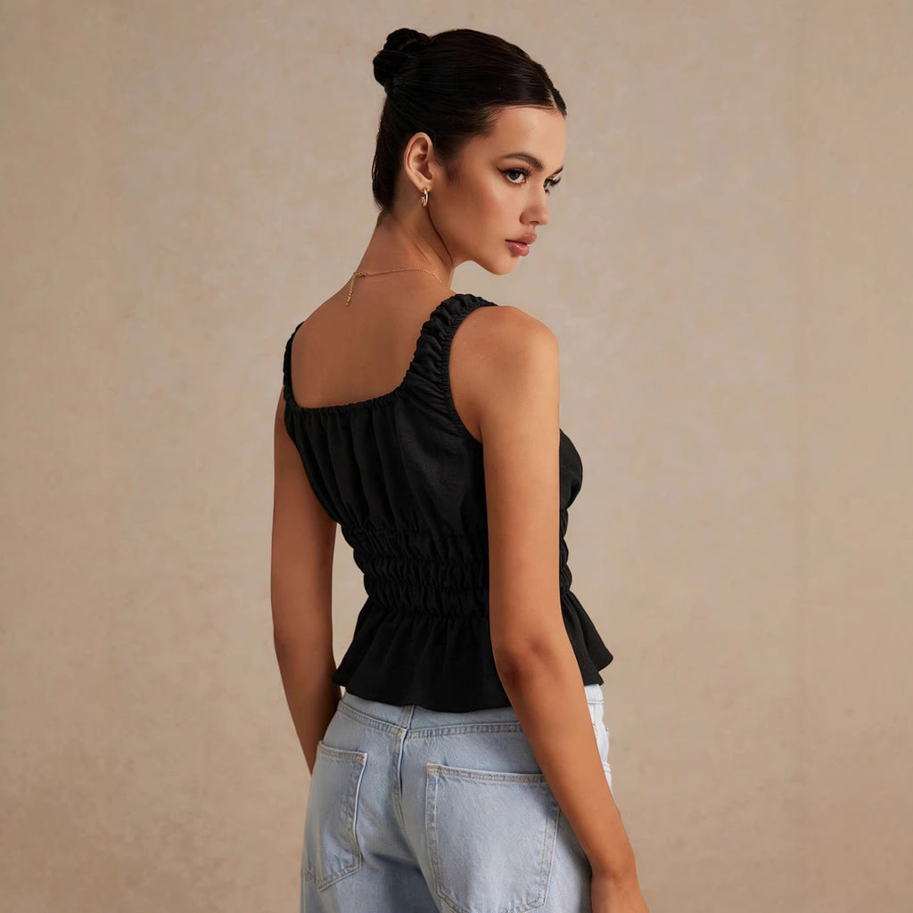 Square-neck Drawstring Pleated Camisole For Women Waist-cinching And Slimming