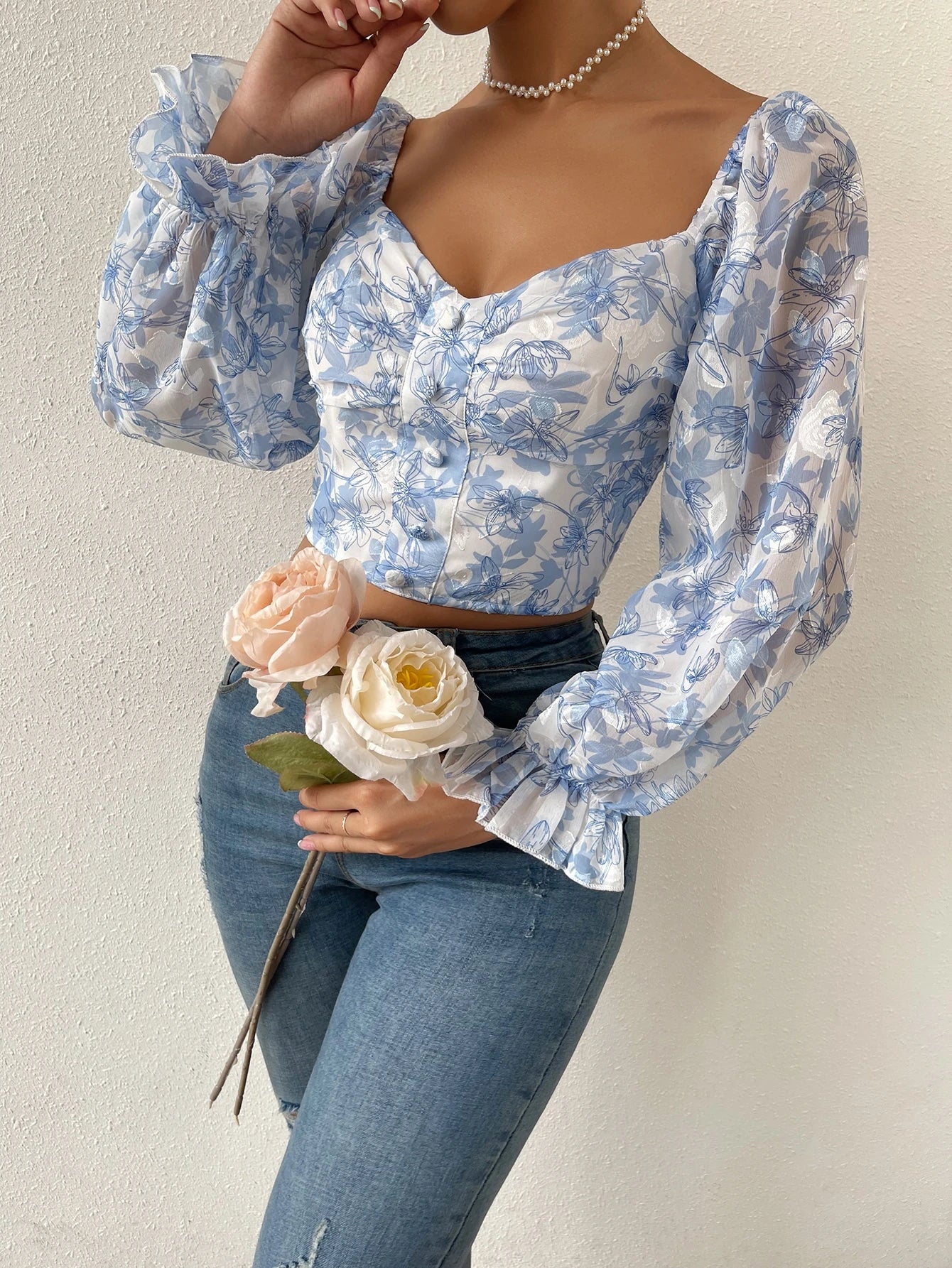 Chiquease Floral Print Flounce Sleeve Ruched Chiffon Blouse,Long Sleeve Tops Fall Cloth for Women