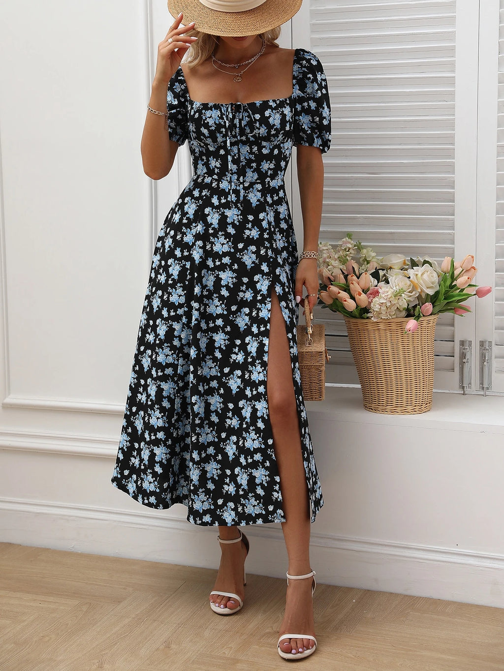 SHEIN LUNE Allover Floral Knot Split Thigh A-Line Dress Maxi Women Outfit