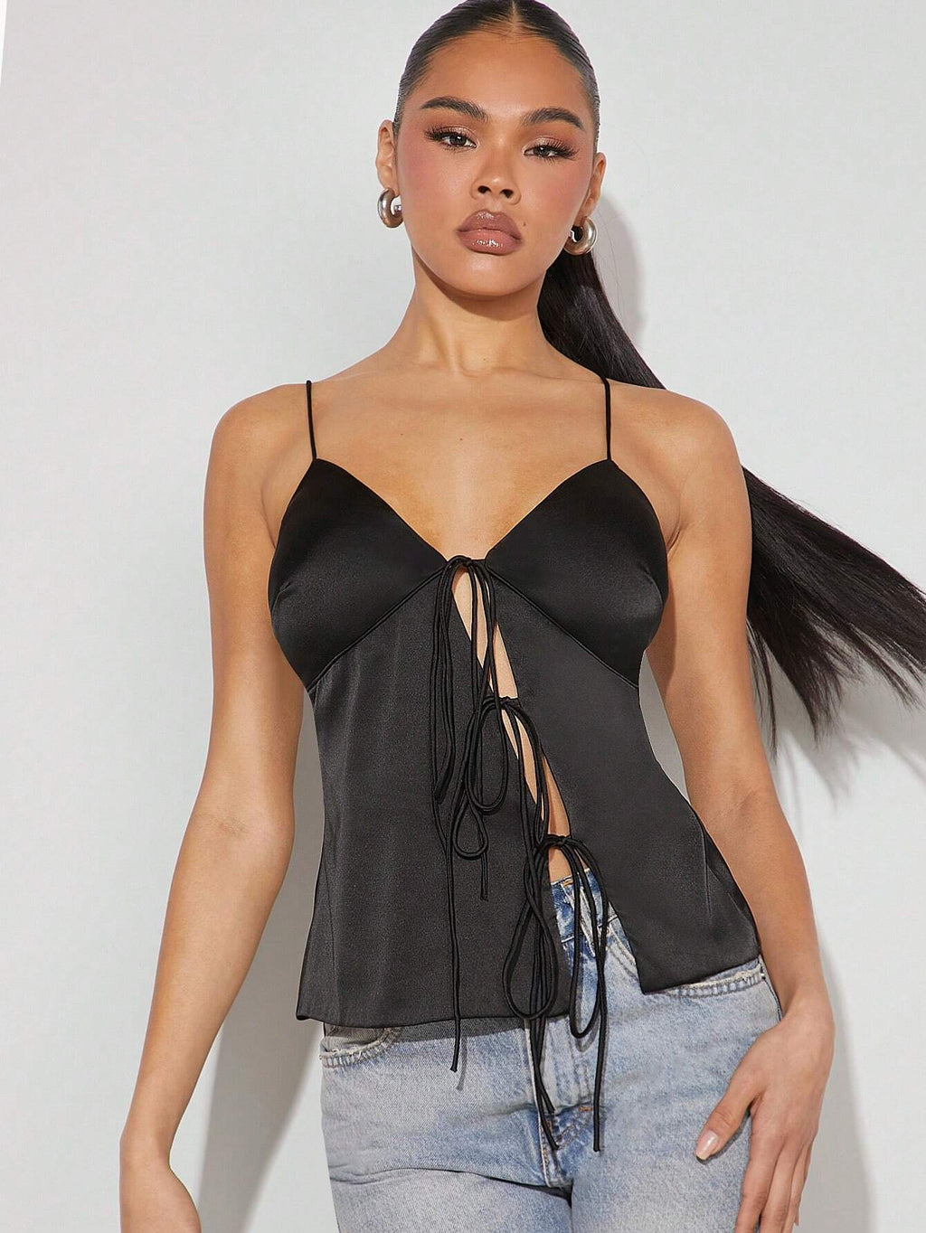 Denimoi Women'S Fall Black Deep V-Neck Tie Front Asymmetric Satin Cami Top, Sexy Going Out Top, Party Tank Top, Country Concert Outfit, Rave Festival Outfit, Clubwear