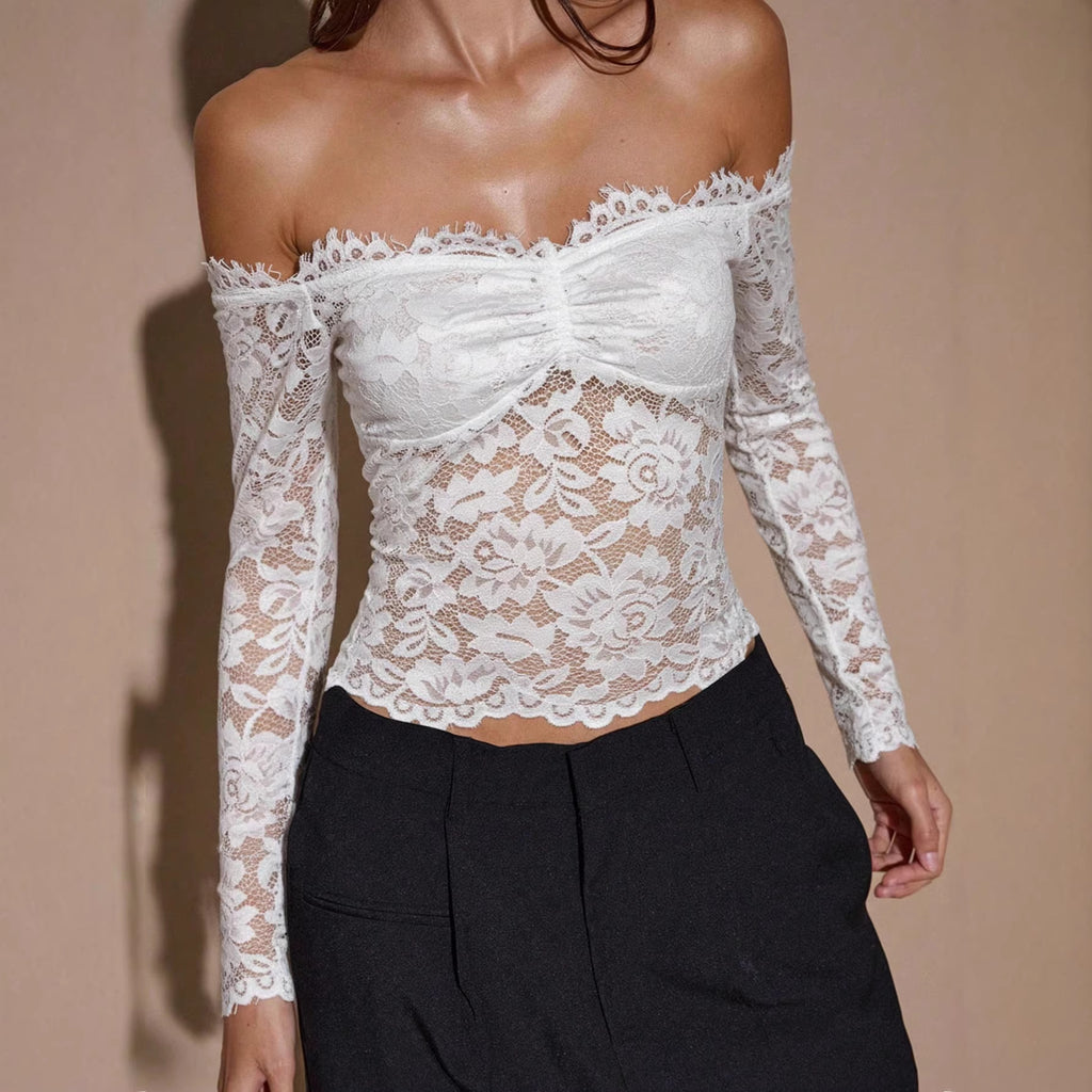 Women's White Off-Shoulder Long Sleeve Lace Trim French Style Blouse