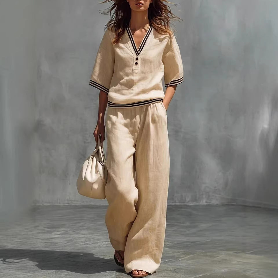 Cotton-Linen V-Neck Casual Comfortable Short-Sleeve Shirt And Pants Set