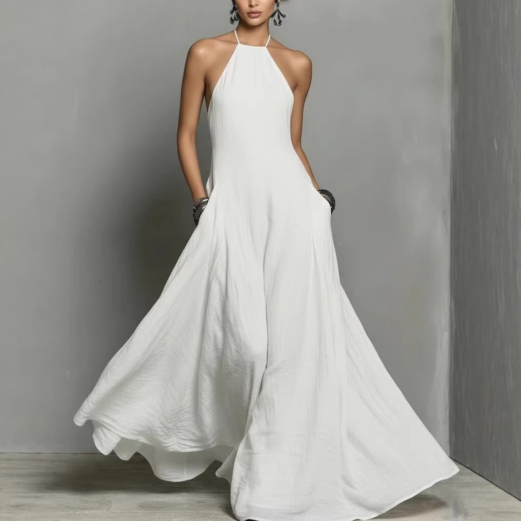 Womens Solid-Color Cotton-Linen Blend Simple Sleeveless Maxi Dress