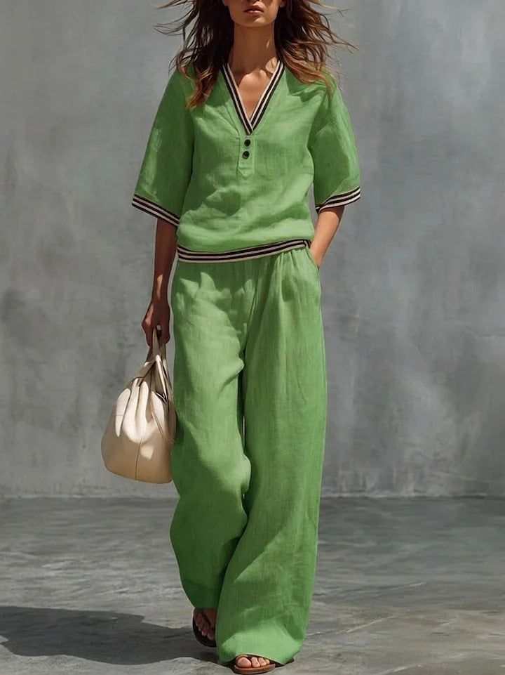 Cotton-Linen V-Neck Casual Comfortable Short-Sleeve Shirt And Pants Set
