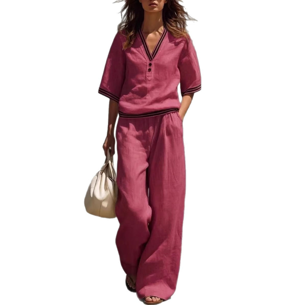 Cotton-Linen V-Neck Casual Comfortable Short-Sleeve Shirt And Pants Set