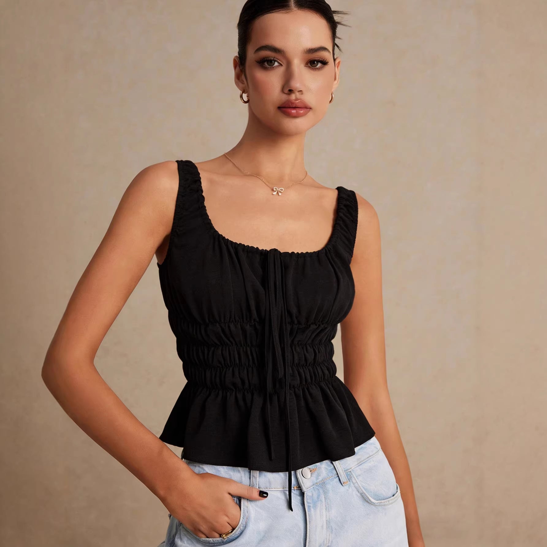 Square-neck Drawstring Pleated Camisole For Women Waist-cinching And Slimming