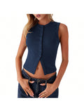Women Button down Tank Tops 1 Piece Casual Summer Solid Color Sleeveless Crop Shirt Basic Vest Aesthetic Clothes Streetwear