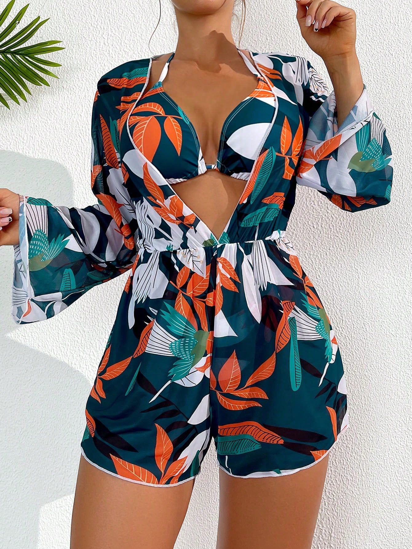 Swim Vcay Summer Beach Tropical Print Halter Triangle Bikini Set with Cover Up