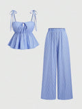 Women's Blue Vertical Striped Wide Leg Pants