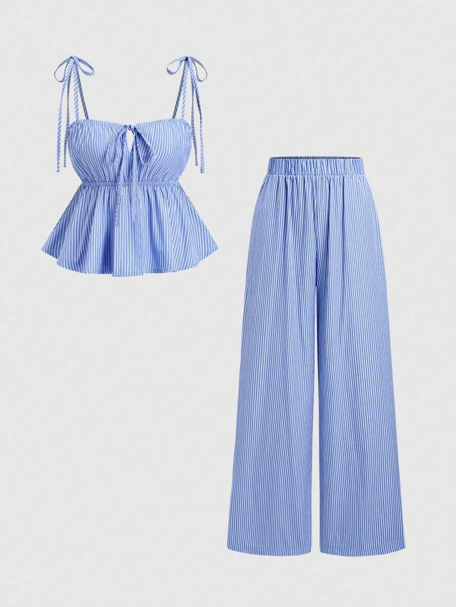 Women's Blue Vertical Striped Wide Leg Pants