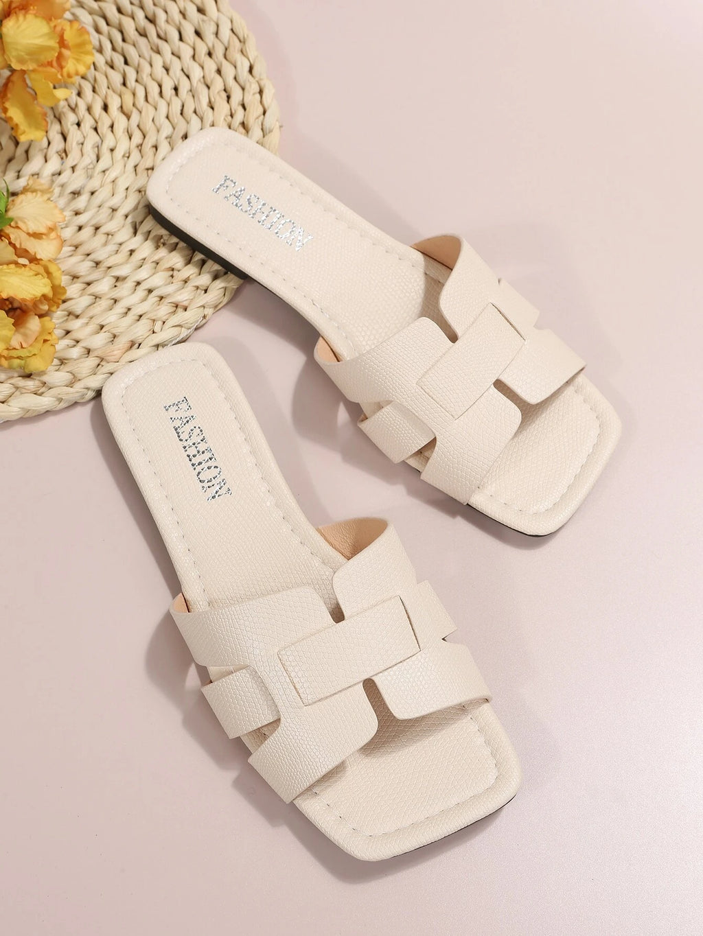 Elegant Beige Sandals for Women, Snakeskin Embossed Cut Out Design Open Toe Slide Sandals