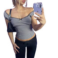 Plaid Sexy V-Neck Slim-Fit Off-the-Shoulder T-Shirt With Zipper And Elastic Bow