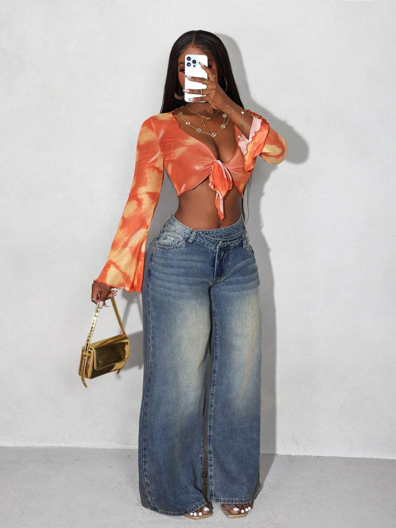 Slaydiva Women Asymmetric Waist Patch Pocket Loose Flared Leg Casual Denim Jeans