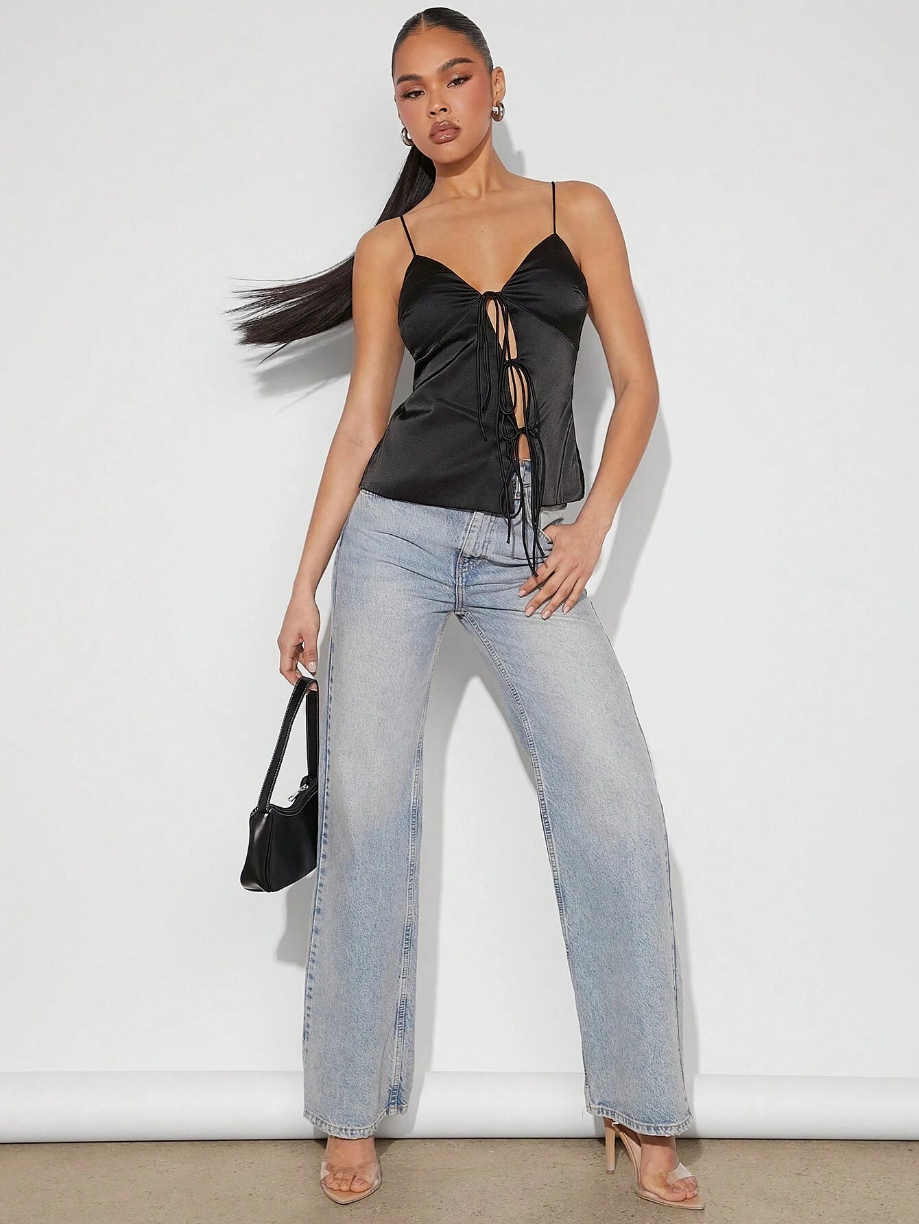 Denimoi Women'S Fall Black Deep V-Neck Tie Front Asymmetric Satin Cami Top, Sexy Going Out Top, Party Tank Top, Country Concert Outfit, Rave Festival Outfit, Clubwear