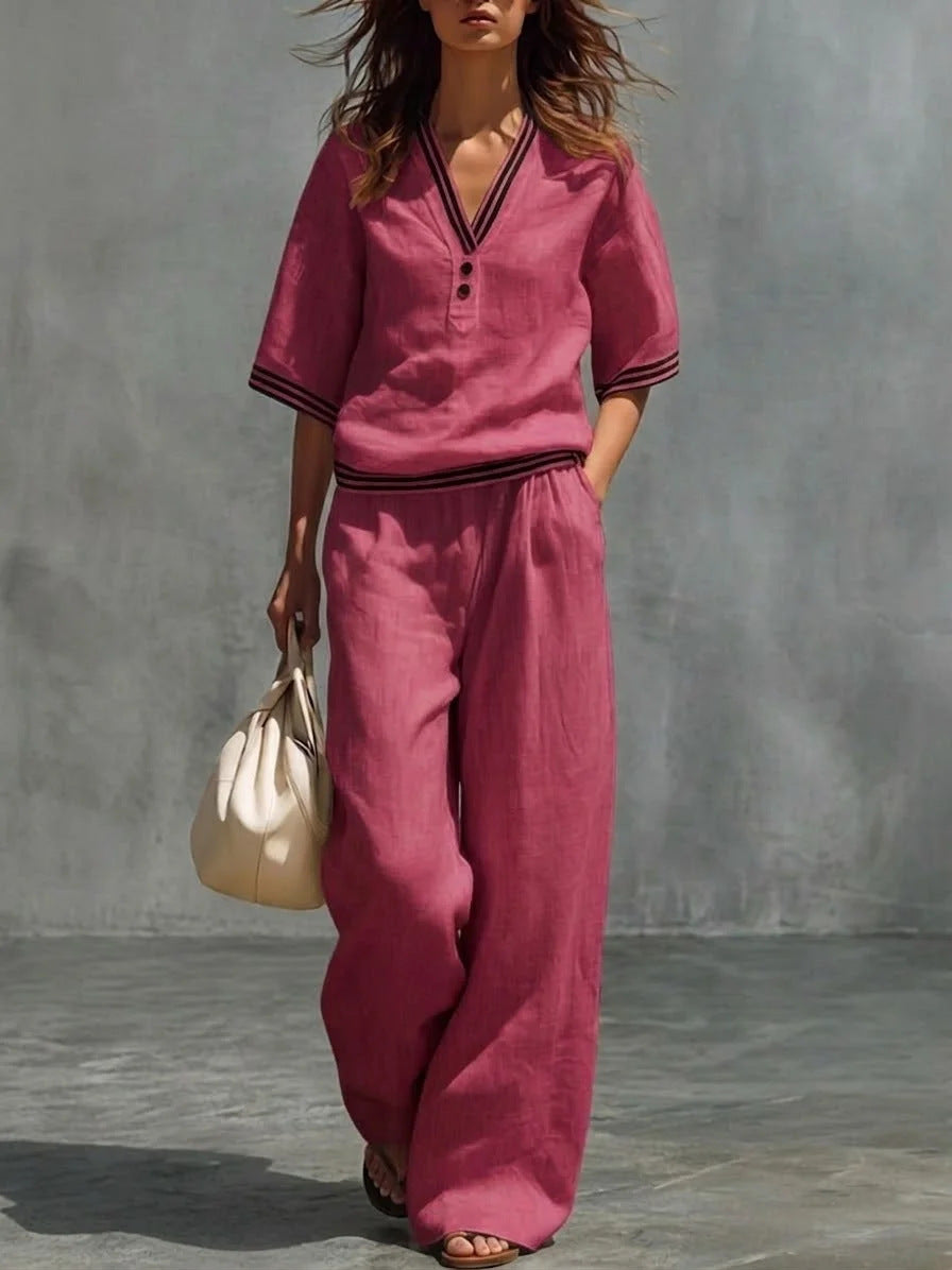 Cotton-Linen V-Neck Casual Comfortable Short-Sleeve Shirt And Pants Set