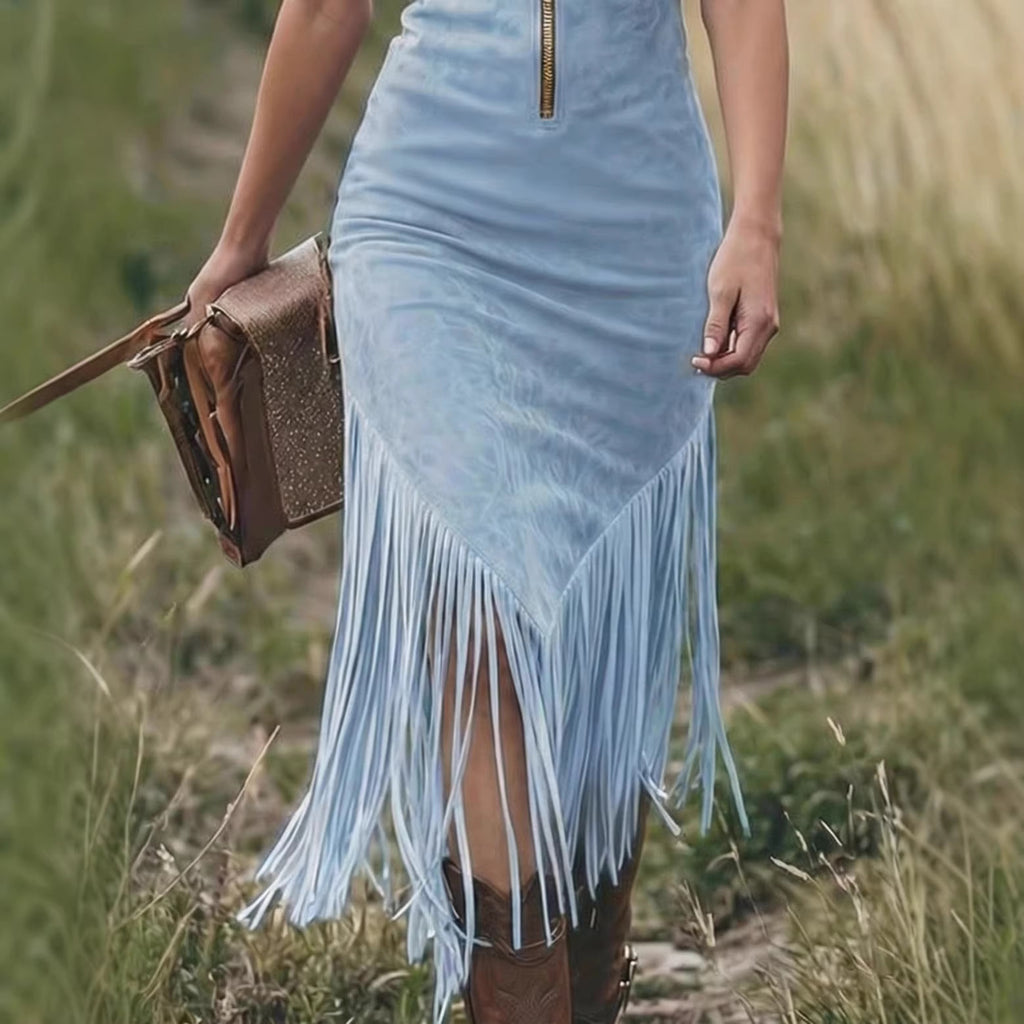 Western Cowboy Slim-Fit Hemline Tassel Sleeveless Dress