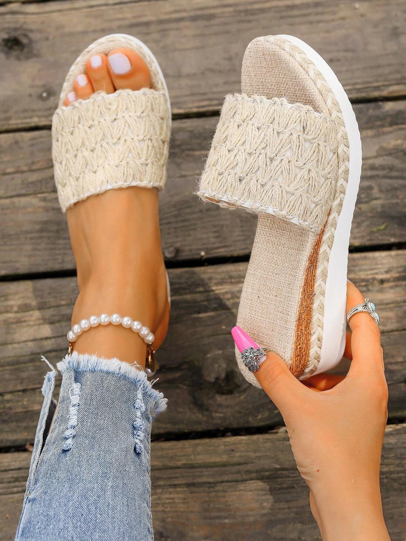 2024 New Style Women Apricot Woven Rope Wedge Platform Sandals with Ankle Strap