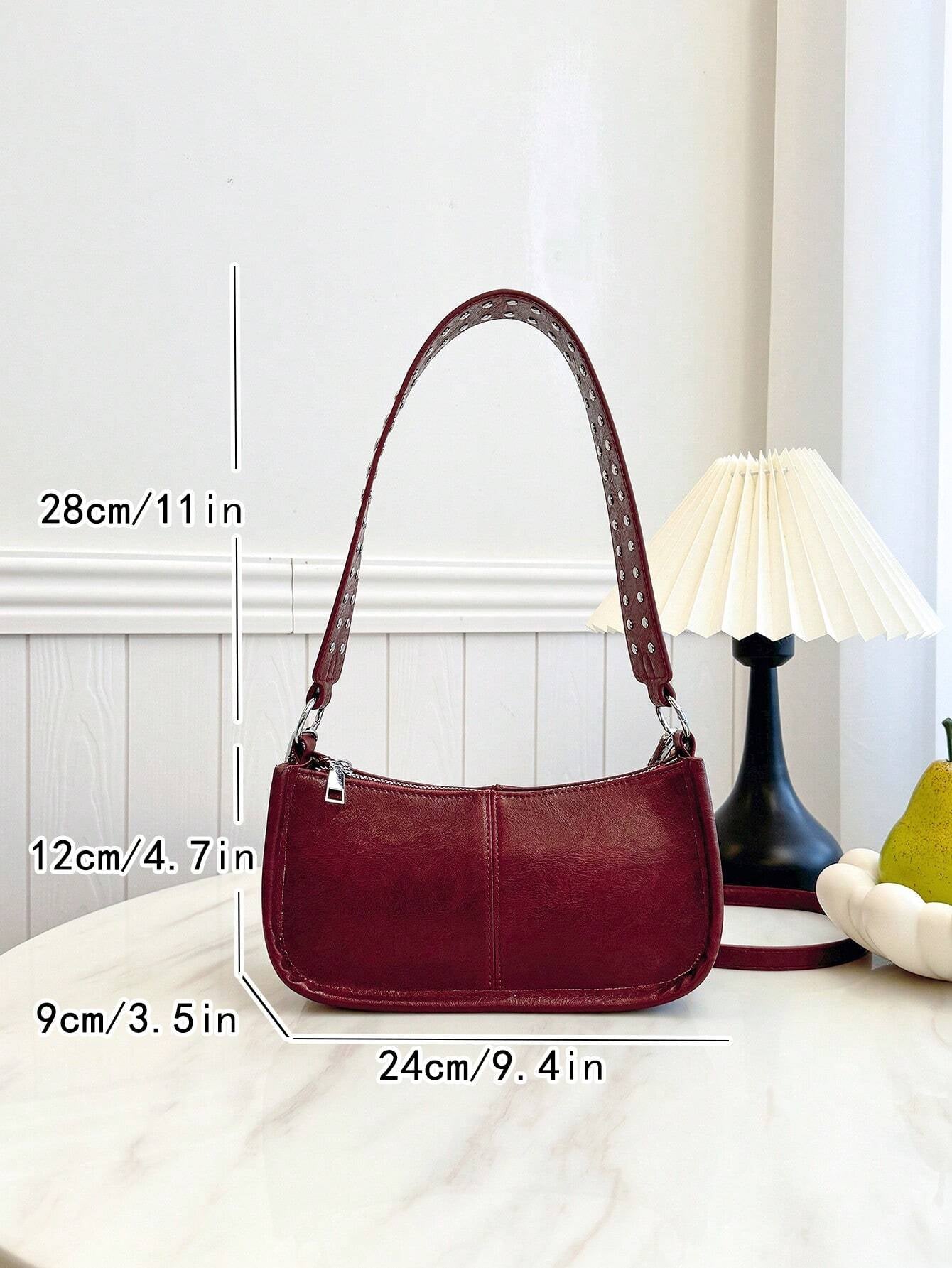 Hot Girl Style New Fashion Women'S Retro PU Underarm Bag, Rivet Decoration Inlay Design Simple Solid Color Shoulder Bag, Wine Red Hot Girl Bag, Street Style Shoulder Bag, Zipper Closure Women'S Wallet, Suitable for Shopping Girls Party and Travel, Clothing Matching, Participating in Favorite Activities , Old Money