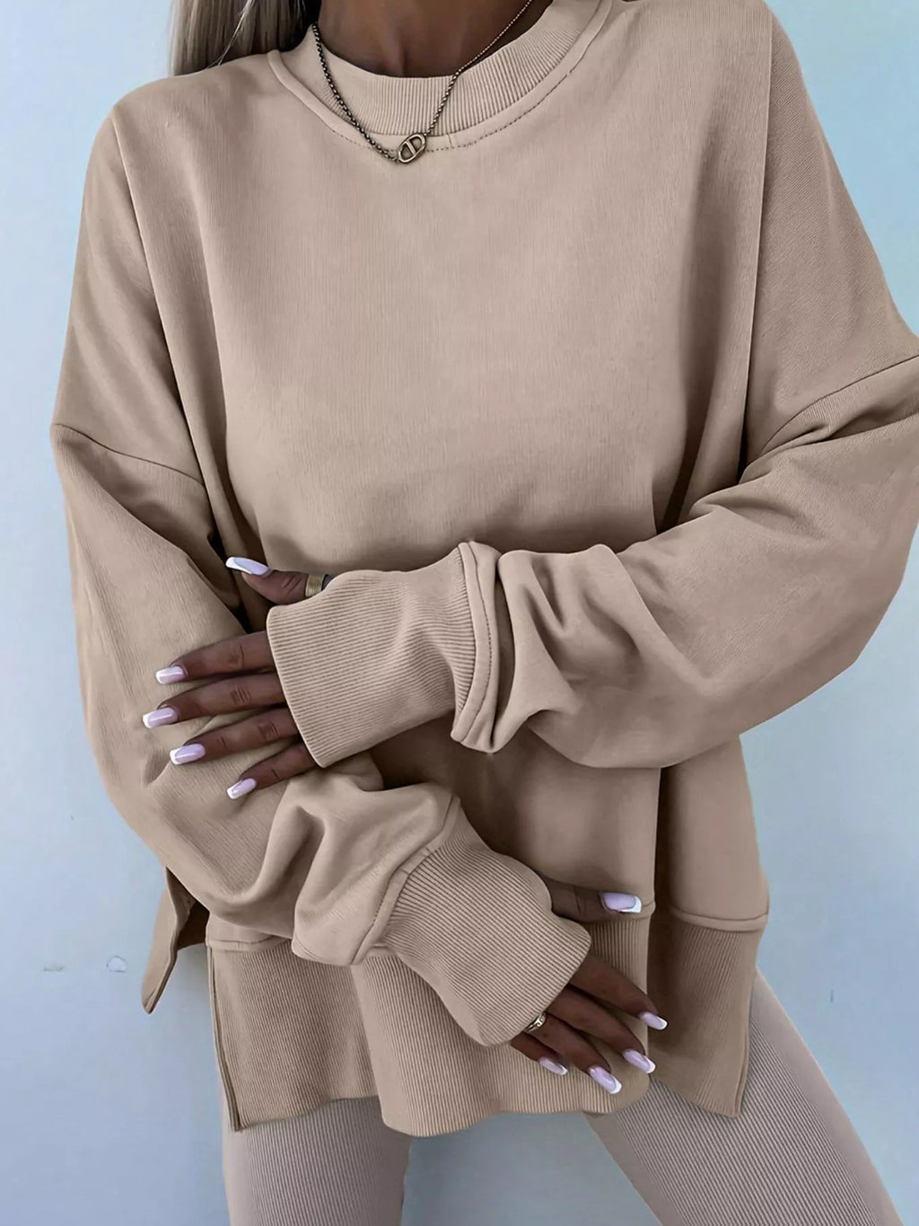 Oversized Slit Sweatshirt and Ribbed Leggings 2pcs Set