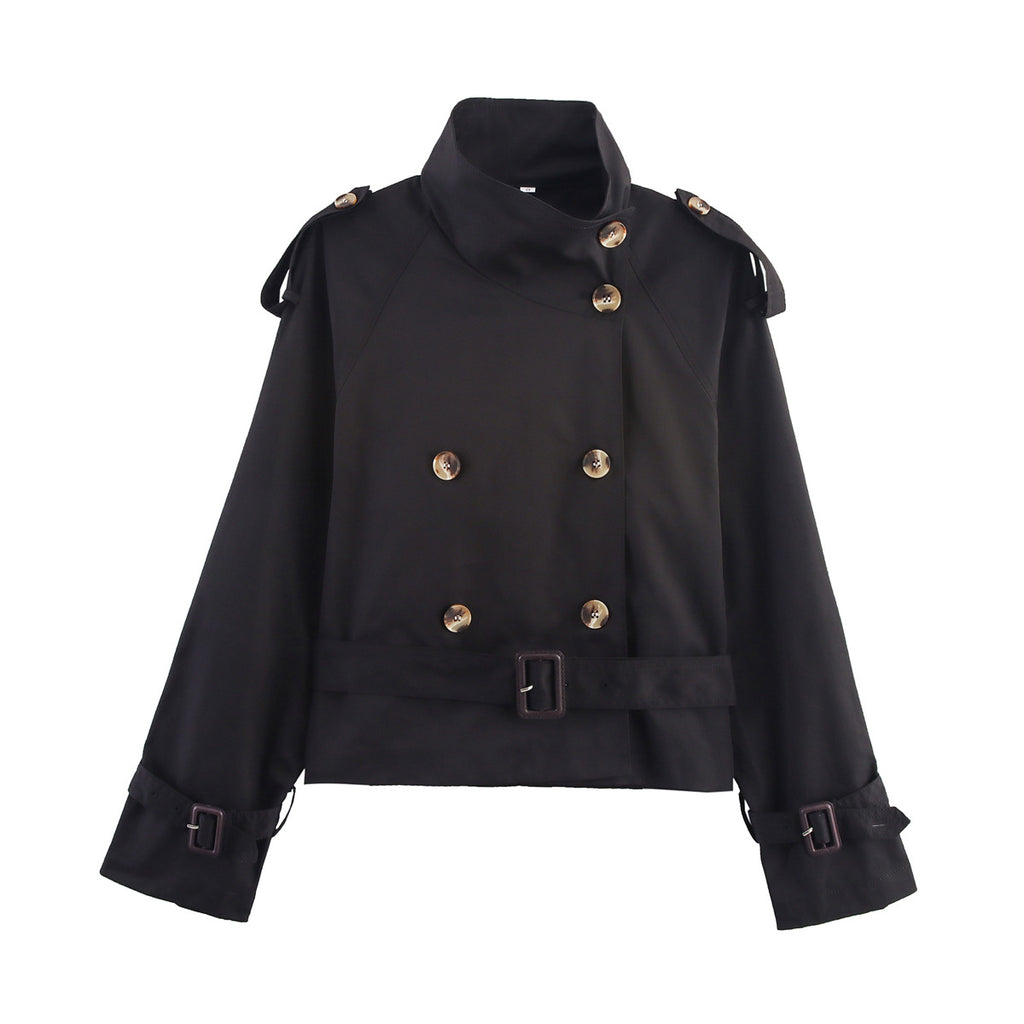 Notch-collar Short Trench Coat For Women With Belt Buckle Detailing