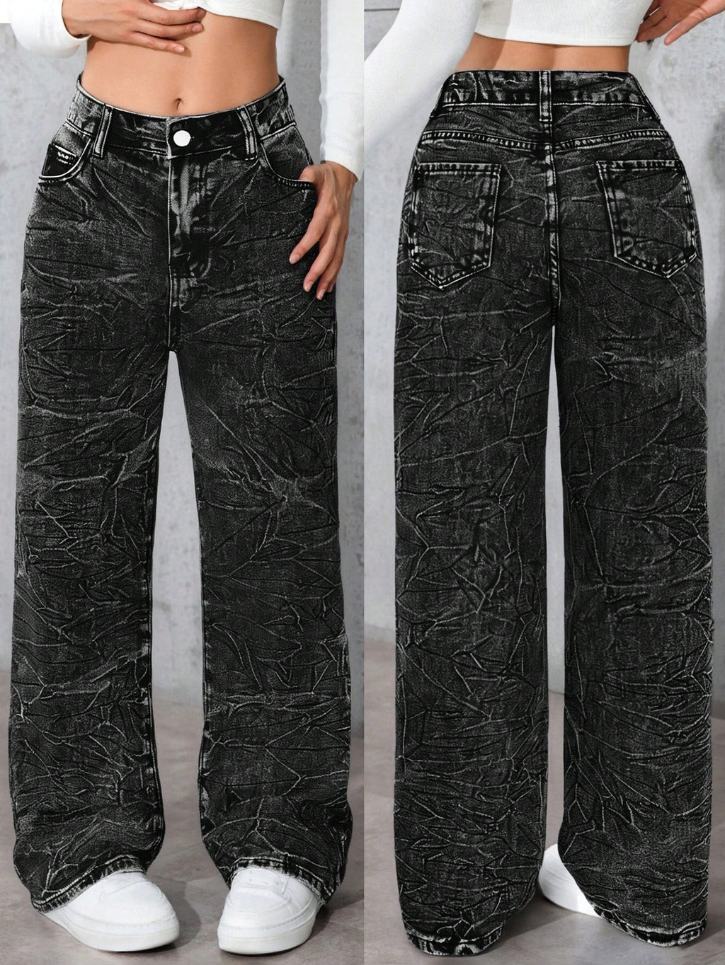 Halloween, Christmas, New Year, Thanksgiving, Women'S Washed Black Jeans Long Straight Leg Non Stretch Casual Pants, with Fashionable Pocket Details and Tie up Craftsmanship, Each One Is Different