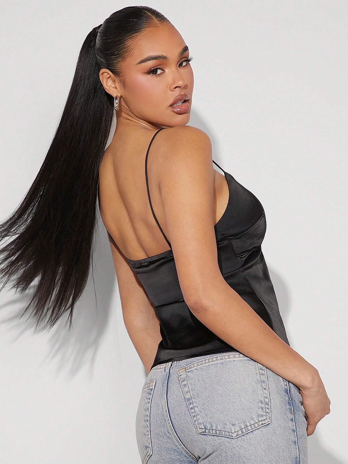 Denimoi Women'S Fall Black Deep V-Neck Tie Front Asymmetric Satin Cami Top, Sexy Going Out Top, Party Tank Top, Country Concert Outfit, Rave Festival Outfit, Clubwear