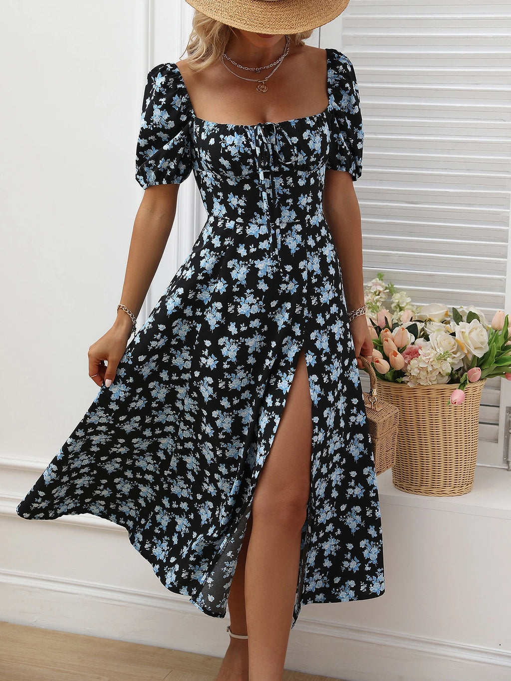 SHEIN LUNE Allover Floral Knot Split Thigh A-Line Dress Maxi Women Outfit