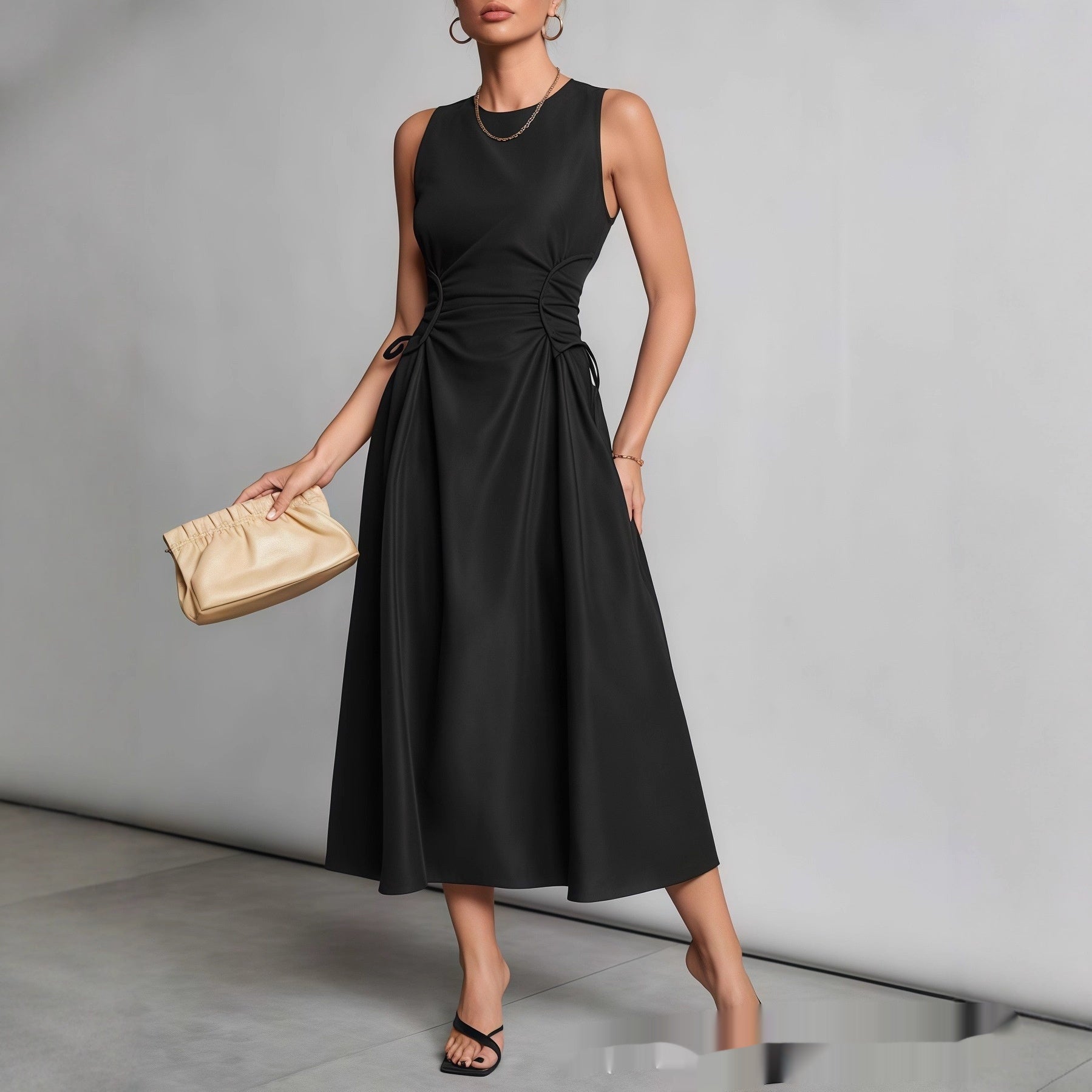 Niche Pleated Waist-cinching Figure-flattering A-line Maxi Dress