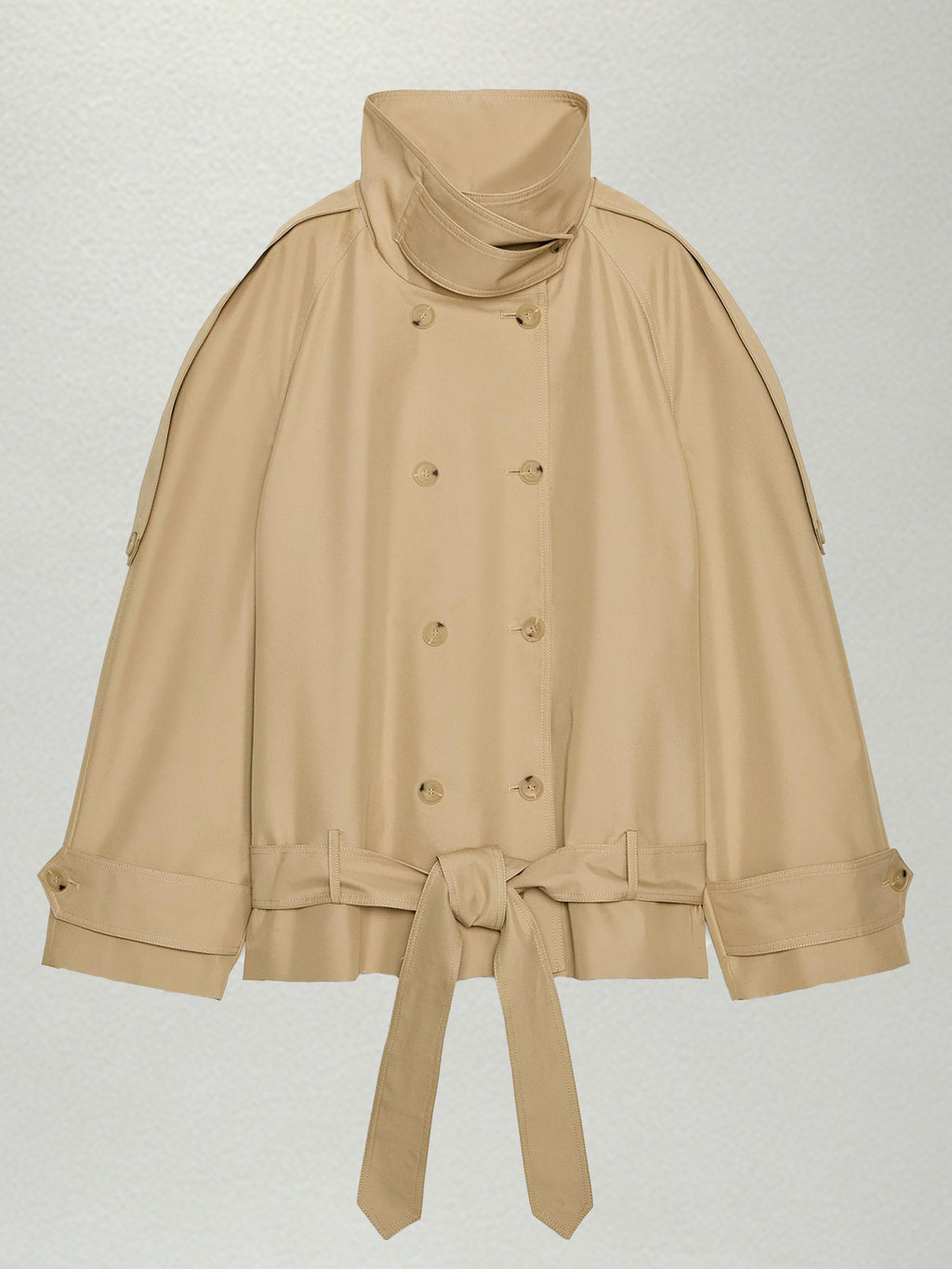 Double-breasted Belted Short Trench Coat With A Stand-up Collar
