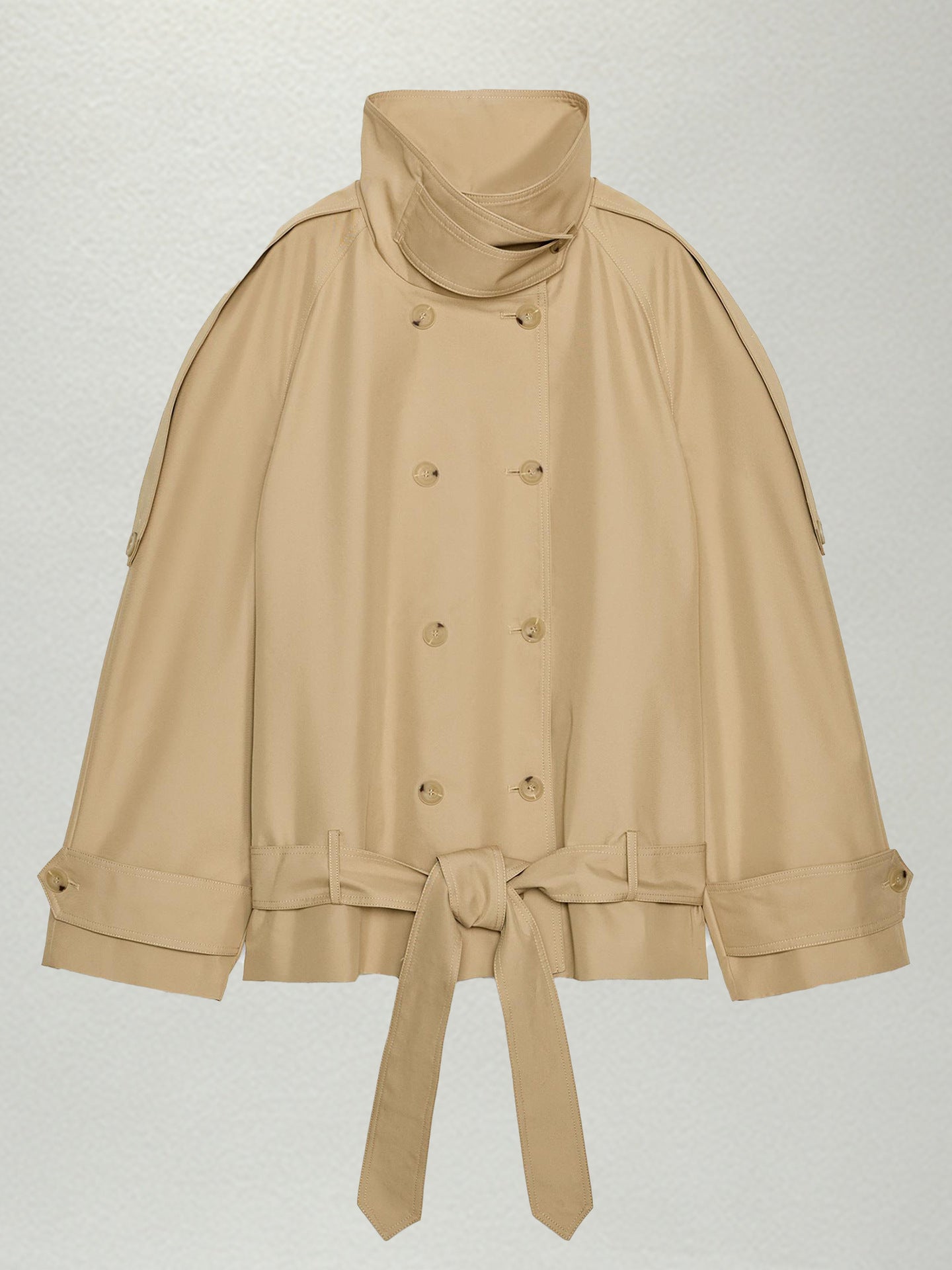 Double-breasted Belted Short Trench Coat With A Stand-up Collar