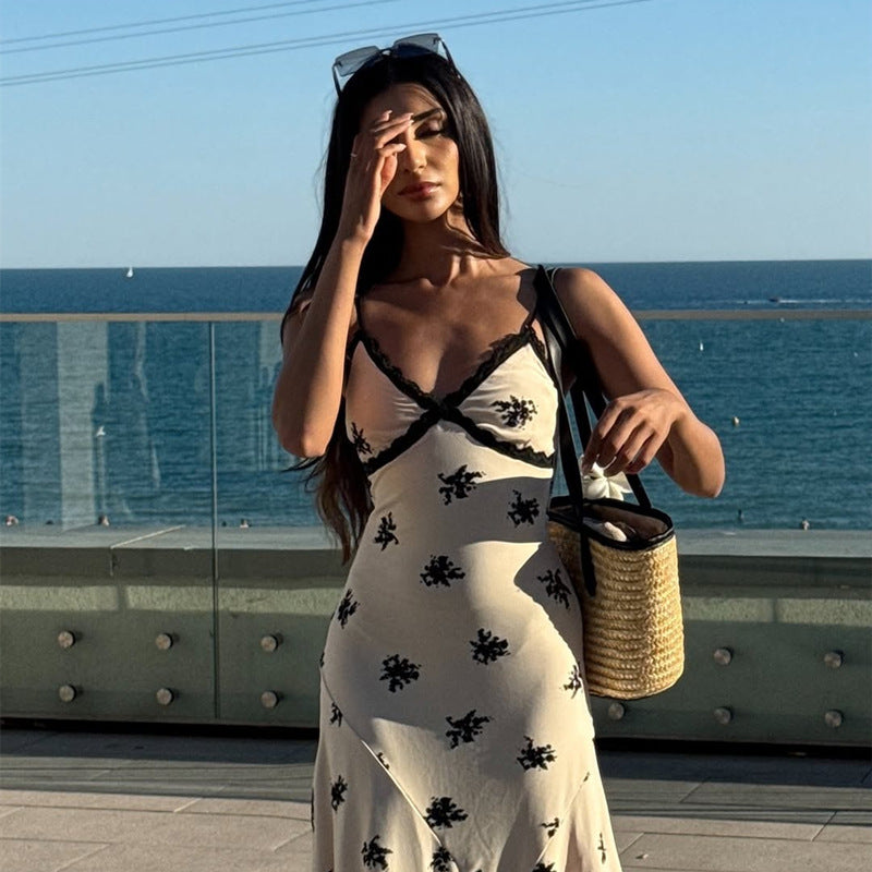 Spliced Lace V-neck Sleeveless Printed Suspender Dress