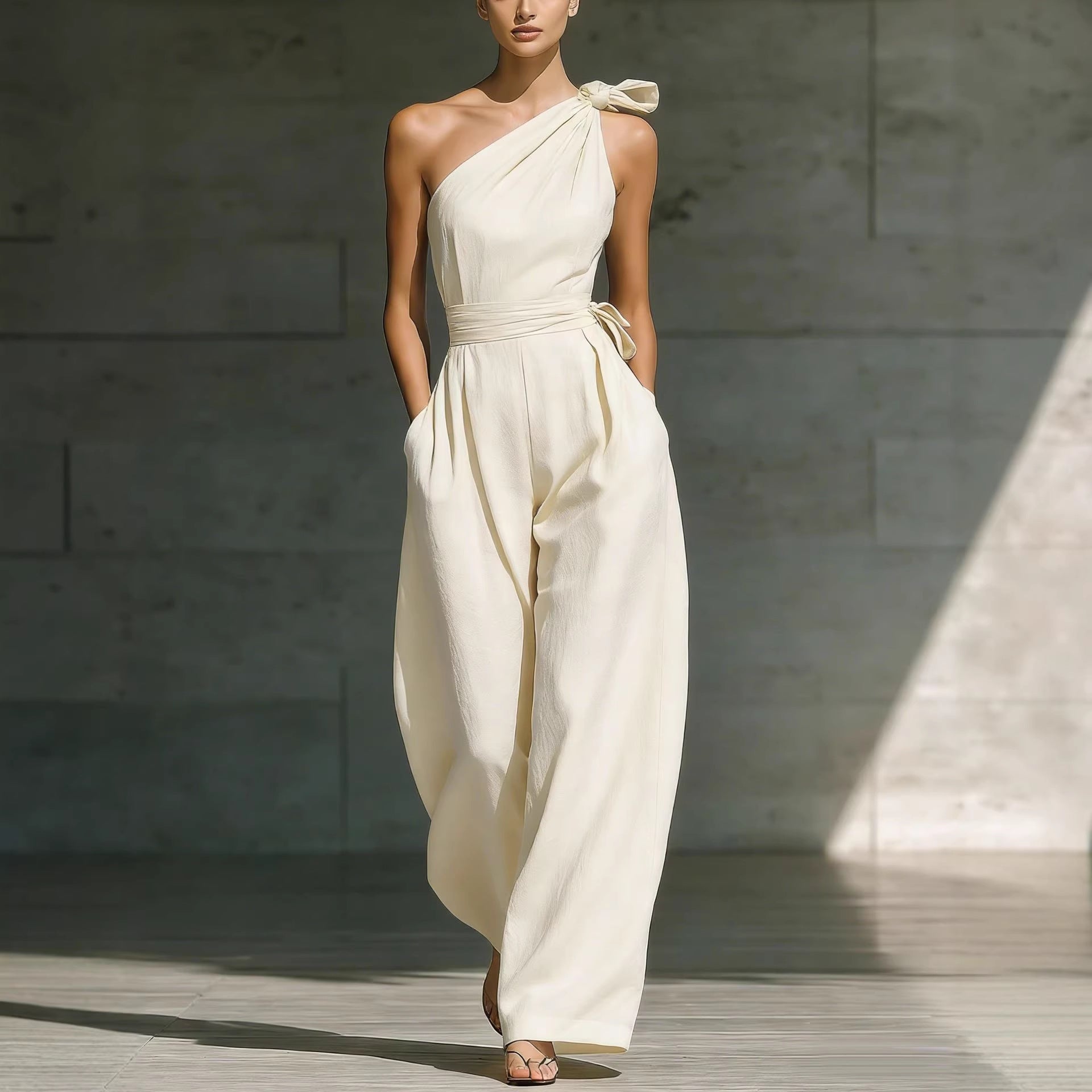 Loose-fitting Sleeveless Off-shoulder Belted Jumpsuit