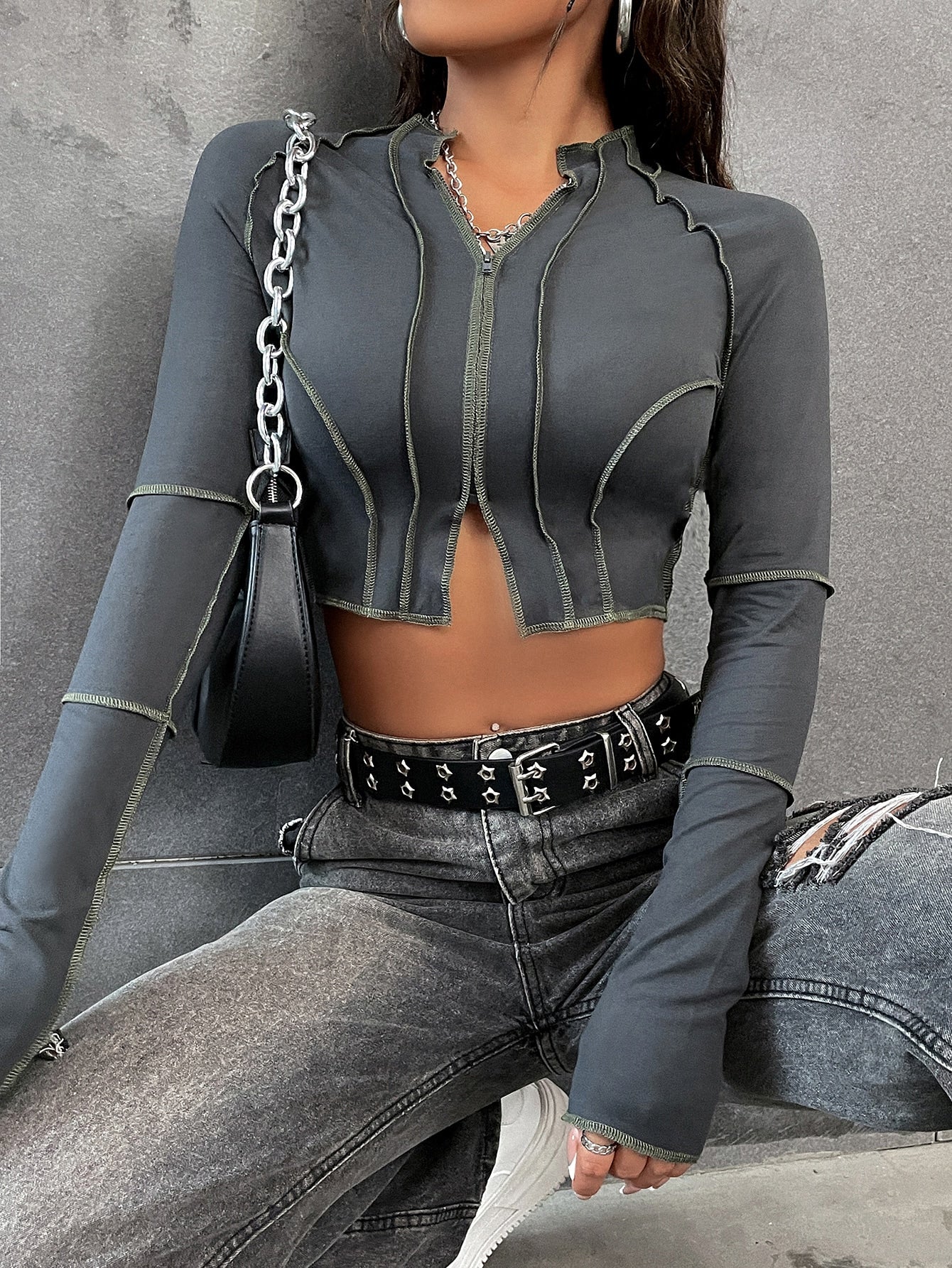 SHEIN Unity Top-Stitching Raglan Sleeve Zipper Crop Tee Fall Cloth for Women