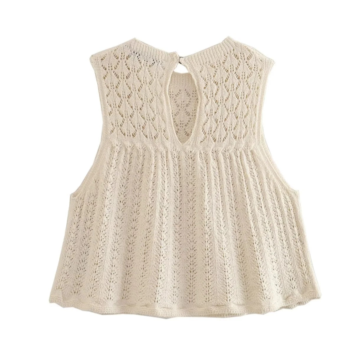 Round Neck Jacquard Mesh Hollow Out Sleeveless Knitted Top Drawstring Knitted Skirt Suit Women